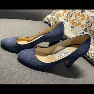 Jimmy Choo Light Indigo Denim Leather Billie Block Heel Pumps
